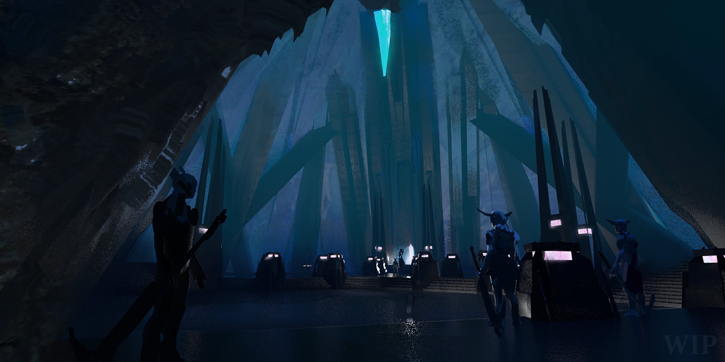 A large, dark cavern with towering ice formations and glowing blue lights, featuring humanoid figures with animal-like helmets and weapons.