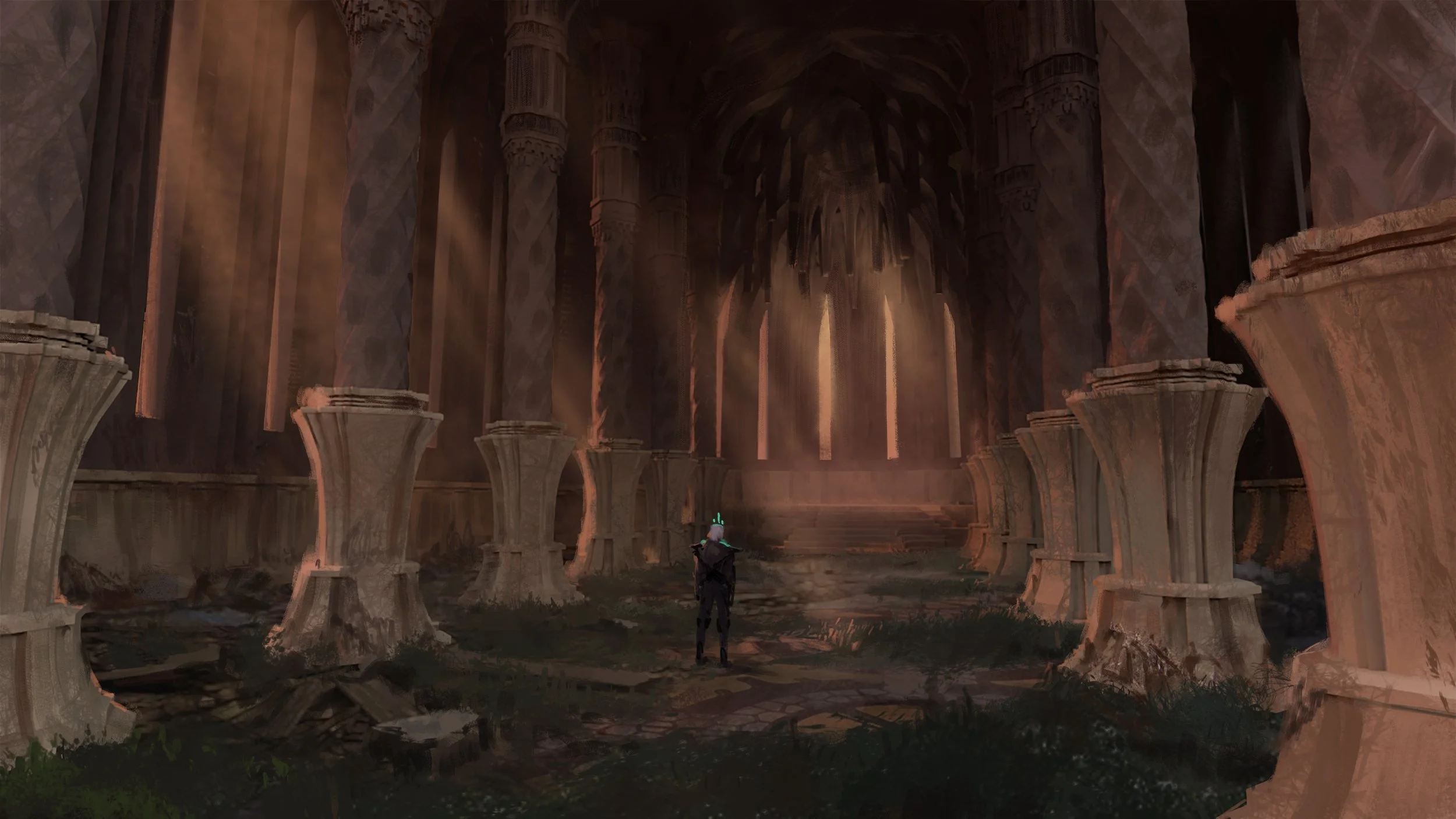 A lone figure standing inside an ancient, ruined cathedral with tall, arched columns and glowing light coming from behind, creating a mystical atmosphere.