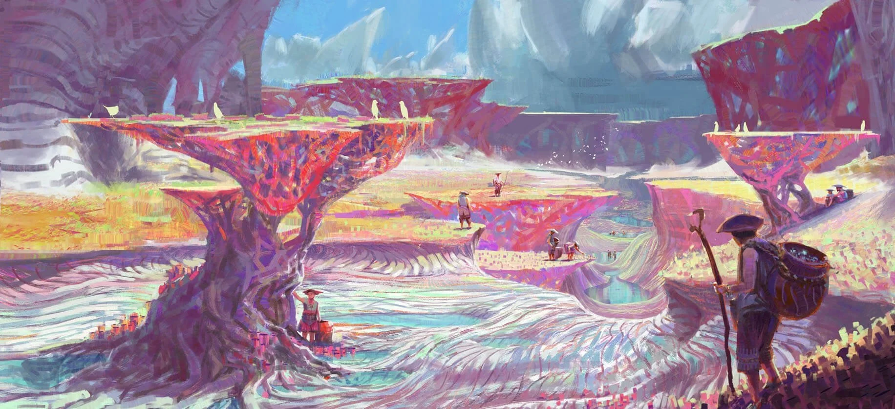 A digital painting depicts a fantasy landscape with floating islands supported by large twisted tree trunks. People are walking and working on the islands, with some carrying luggage or tools. In the foreground, a person with a wide-brimmed hat and a