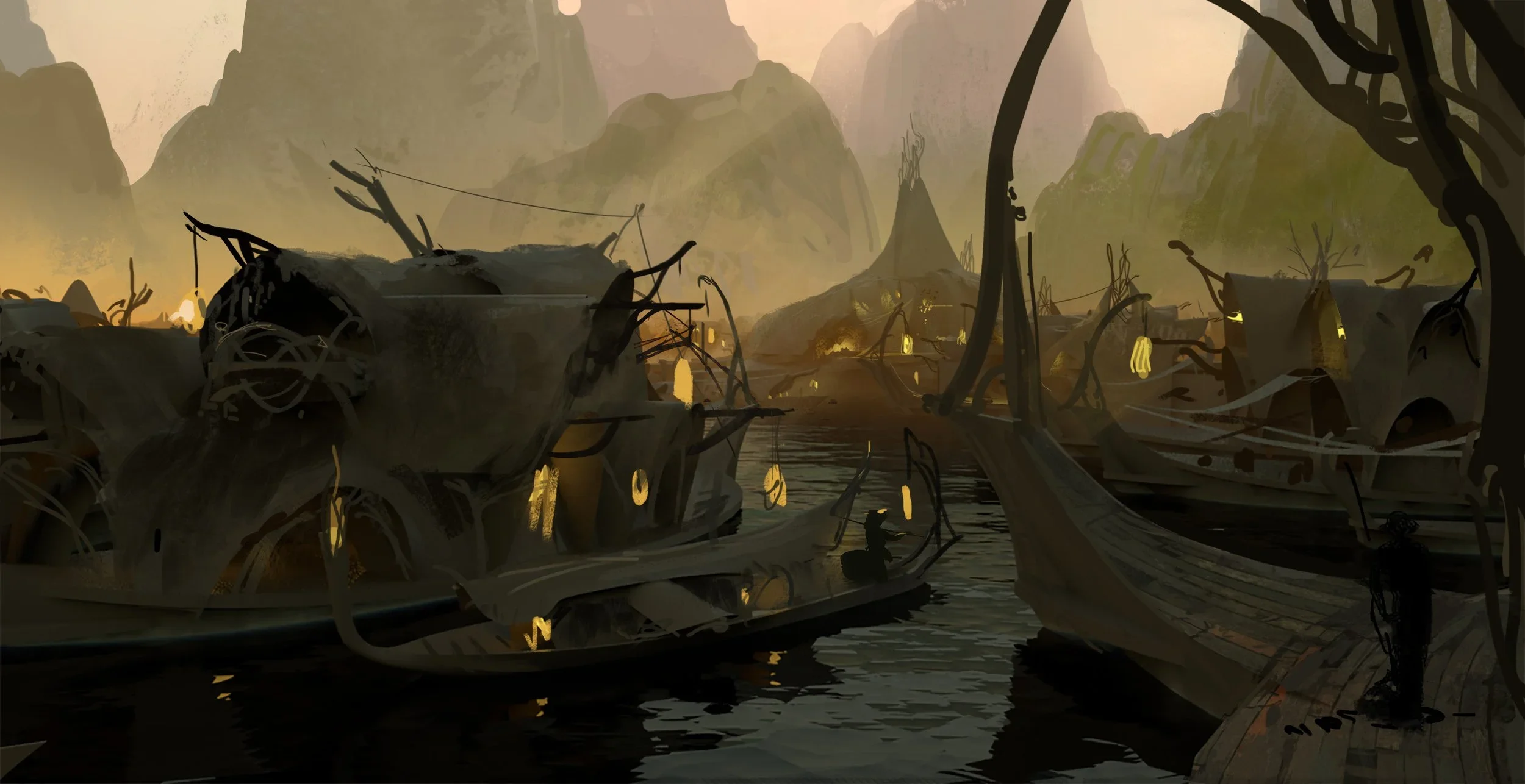 A dark, fantasy-style landscape with twisted trees and glowing lanterns hanging from vines, featuring a small boat on a river and large, carved rock formations and huts in the background during sunset or sunrise.