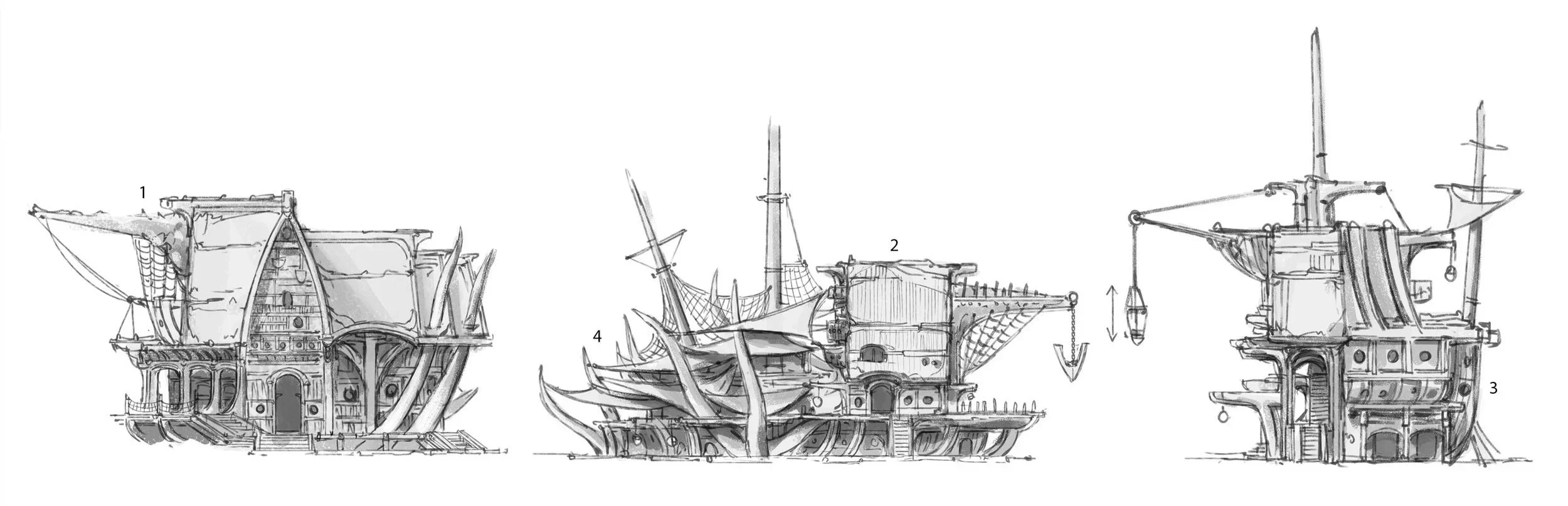 Sketch of three fantasy-style ships with elaborate hulls and sails, each with distinctive designs and structures.