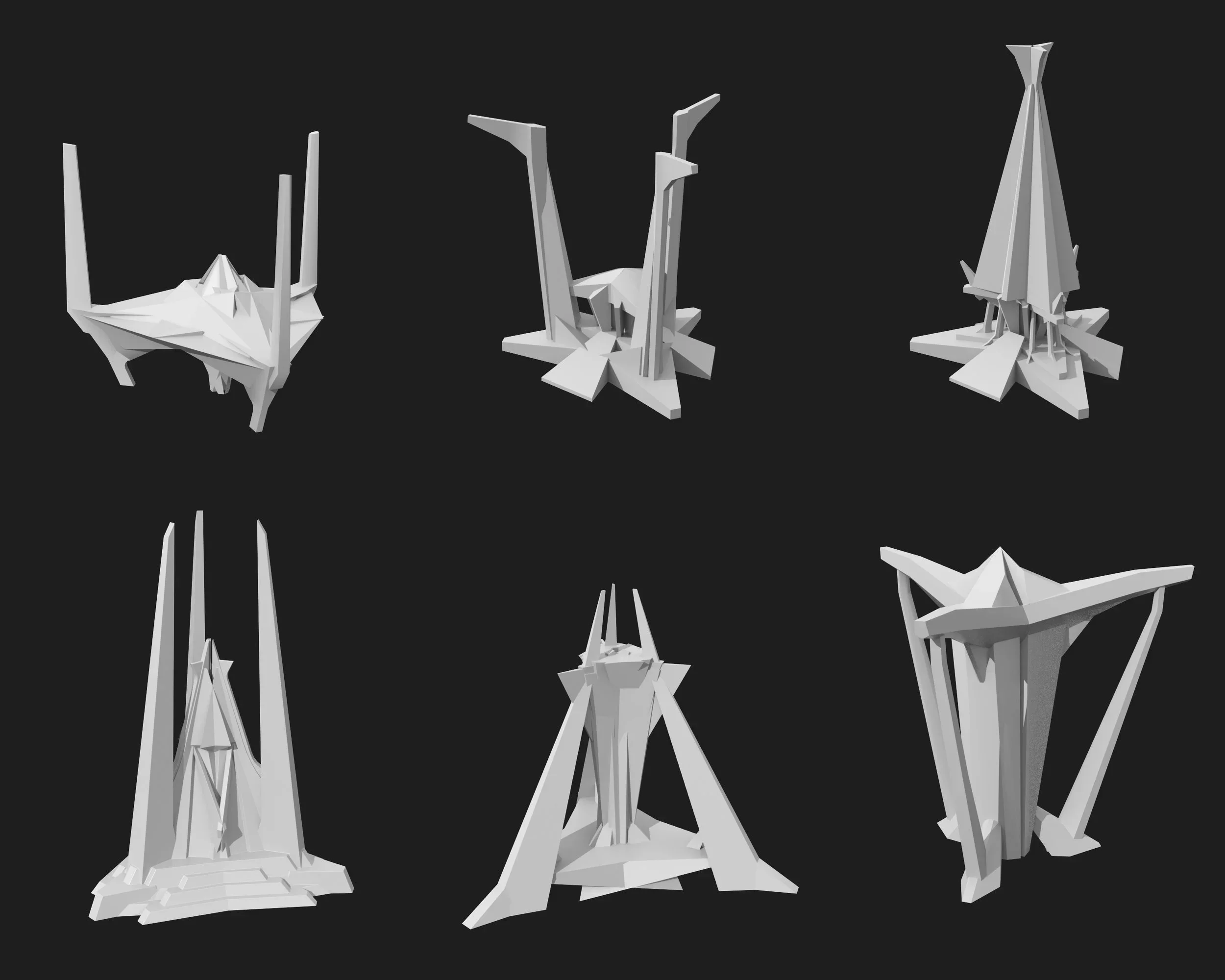 Six 3D models of abstract, futuristic structures with sharp angles and tall spires, displayed against a black background.