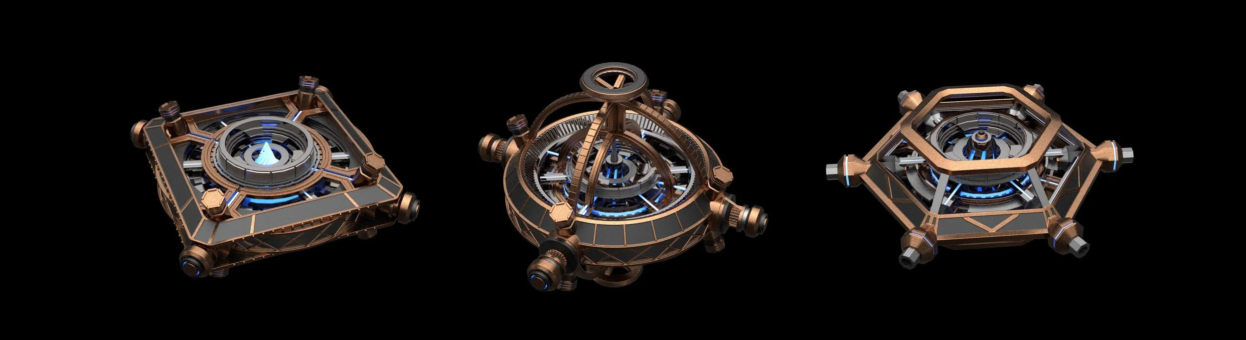 Three futuristic, metallic, geometric devices with glowing blue elements, arranged on a black background.