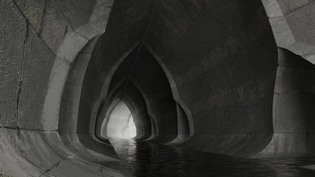 Underground tunnel with arched stone walls and water flowing at the base, illuminated by light in the distance.
