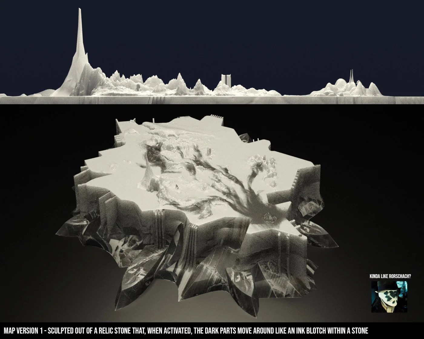 A sculpture of a relic stone that, when activated, features dark parts moving like an ink blot within the stone, viewed against a dark background with a mountainous landscape on top.