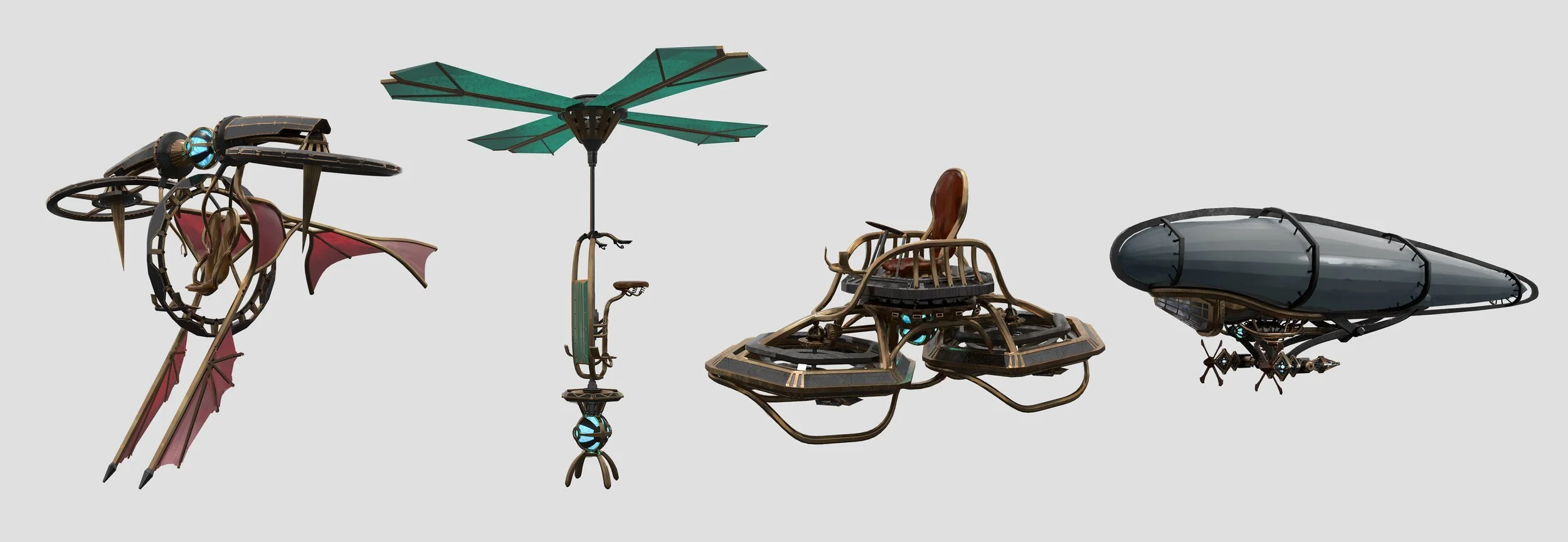 Computer-generated futuristic flying vehicles resembling insects and insect-like machines, including a large insect with wings, a hovering drone with extended wings, a hovercraft with a seat, and an elongated pod with a hatch, all with complex metall