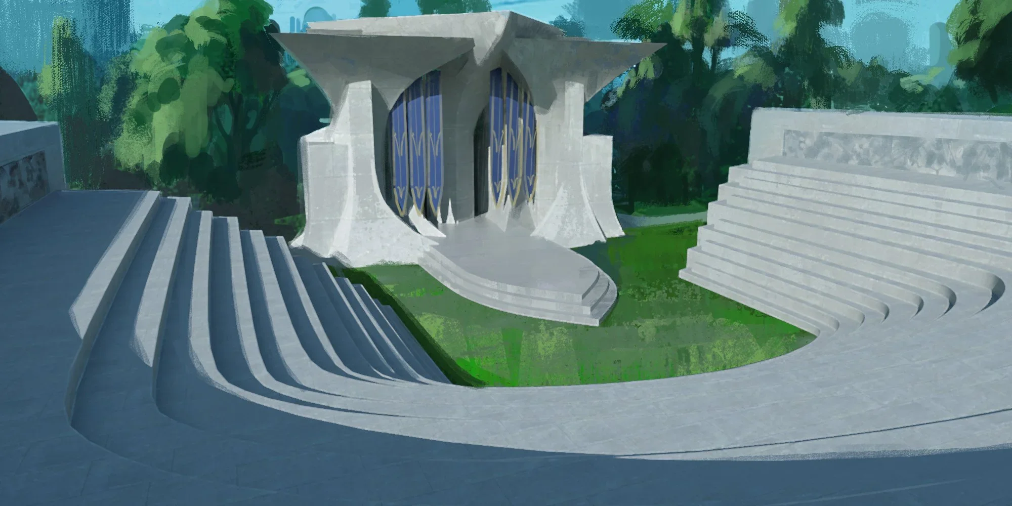 A digital illustration of a modern, futuristic building with tall, curved structures, stairs on either side, and a lush green park surrounding it.