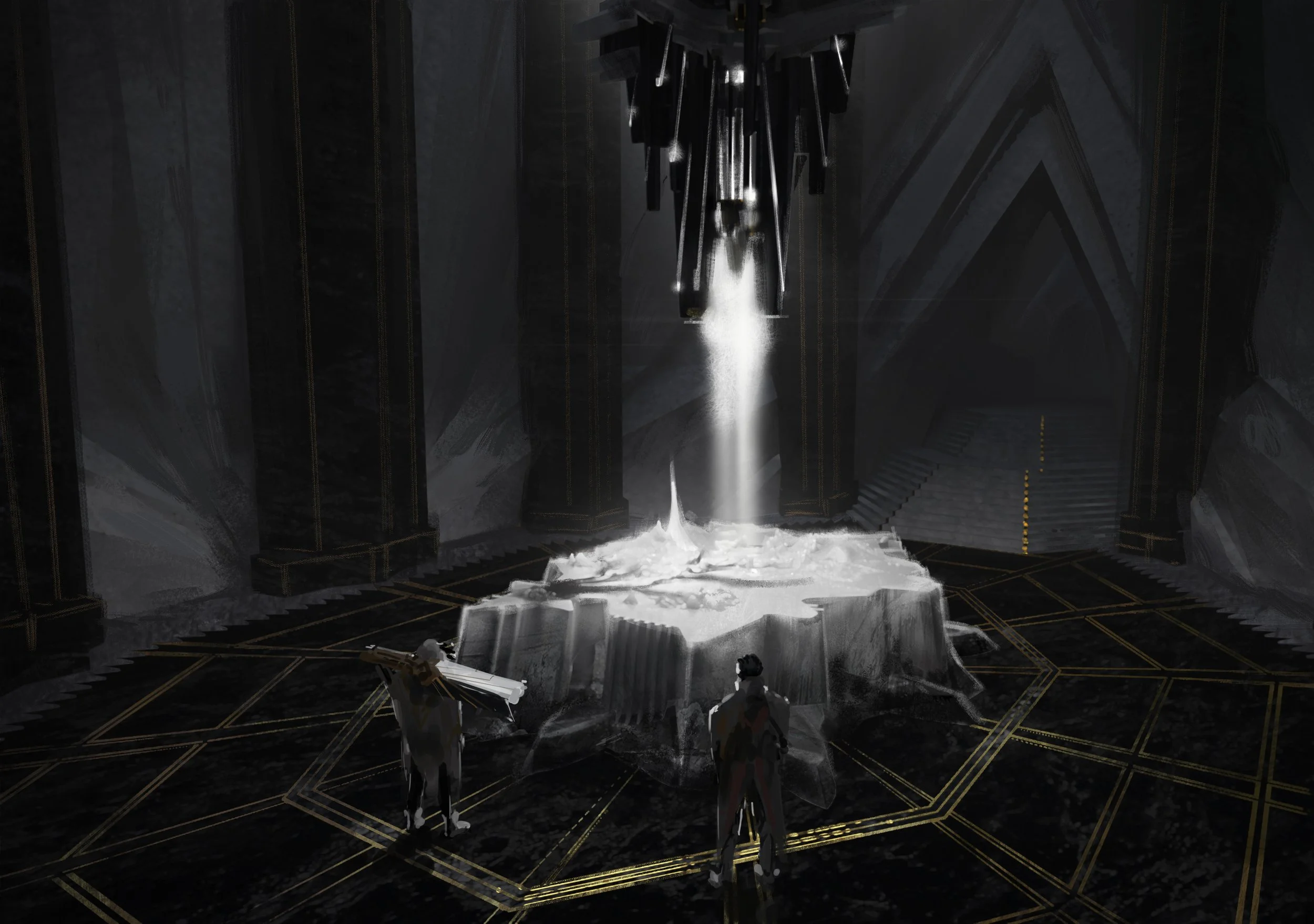 Two individuals stand in a dark, futuristic room with a large, glowing, icy-looking structure at the center, from which a beam of light is emitted downward.