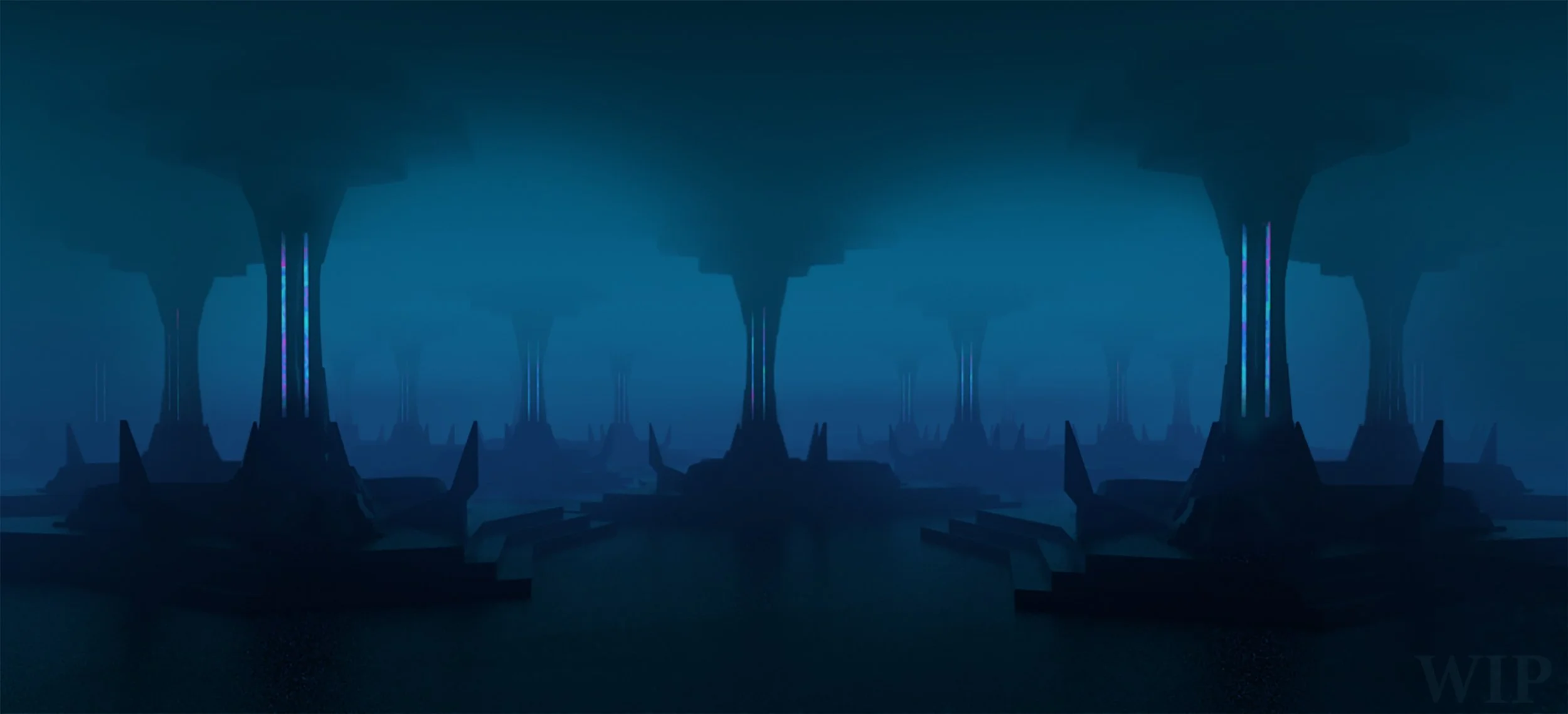 A science fiction scene of a dark futuristic city with tall, glowing, blue-lit structures and a foggy atmosphere.
