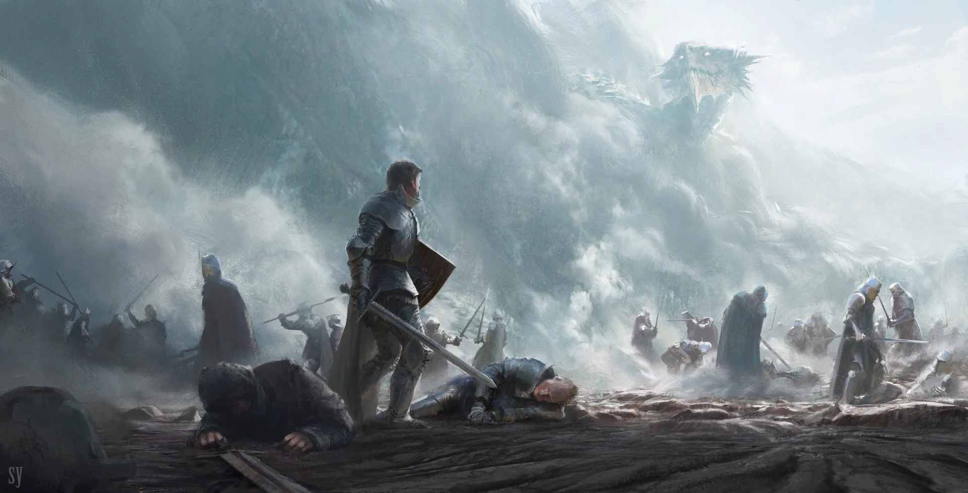 A fantasy scene depicting a medieval battle with knights in armor fighting a large dragon in a stormy sky, with waves of water and chaos below.