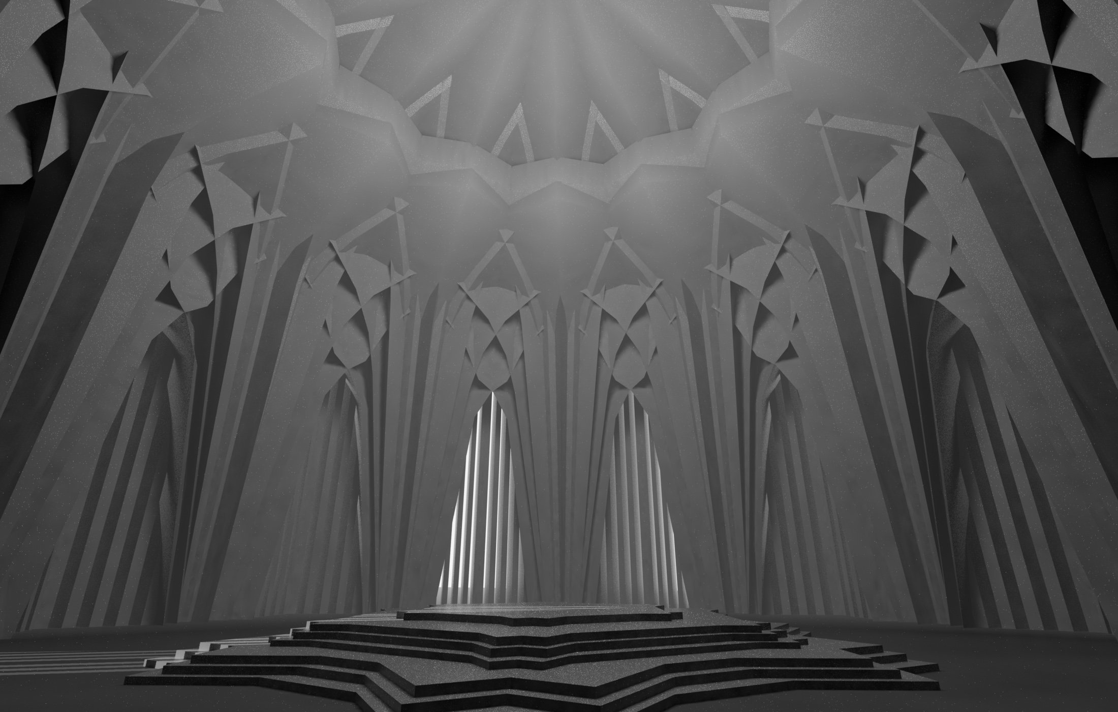 Interior of a cathedral with tall, geometric arches and a set of stairs leading to a central doorway, illuminated by light from above.