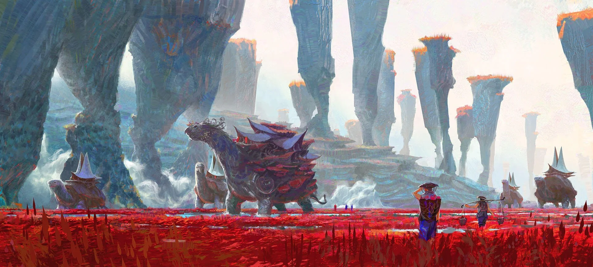 A fantasy landscape with large floating islands and a red field. Several large, dragon-like creatures with armor and saillike wings walk across the red field, while two. people in traditional clothing carry supplies in the foreground.