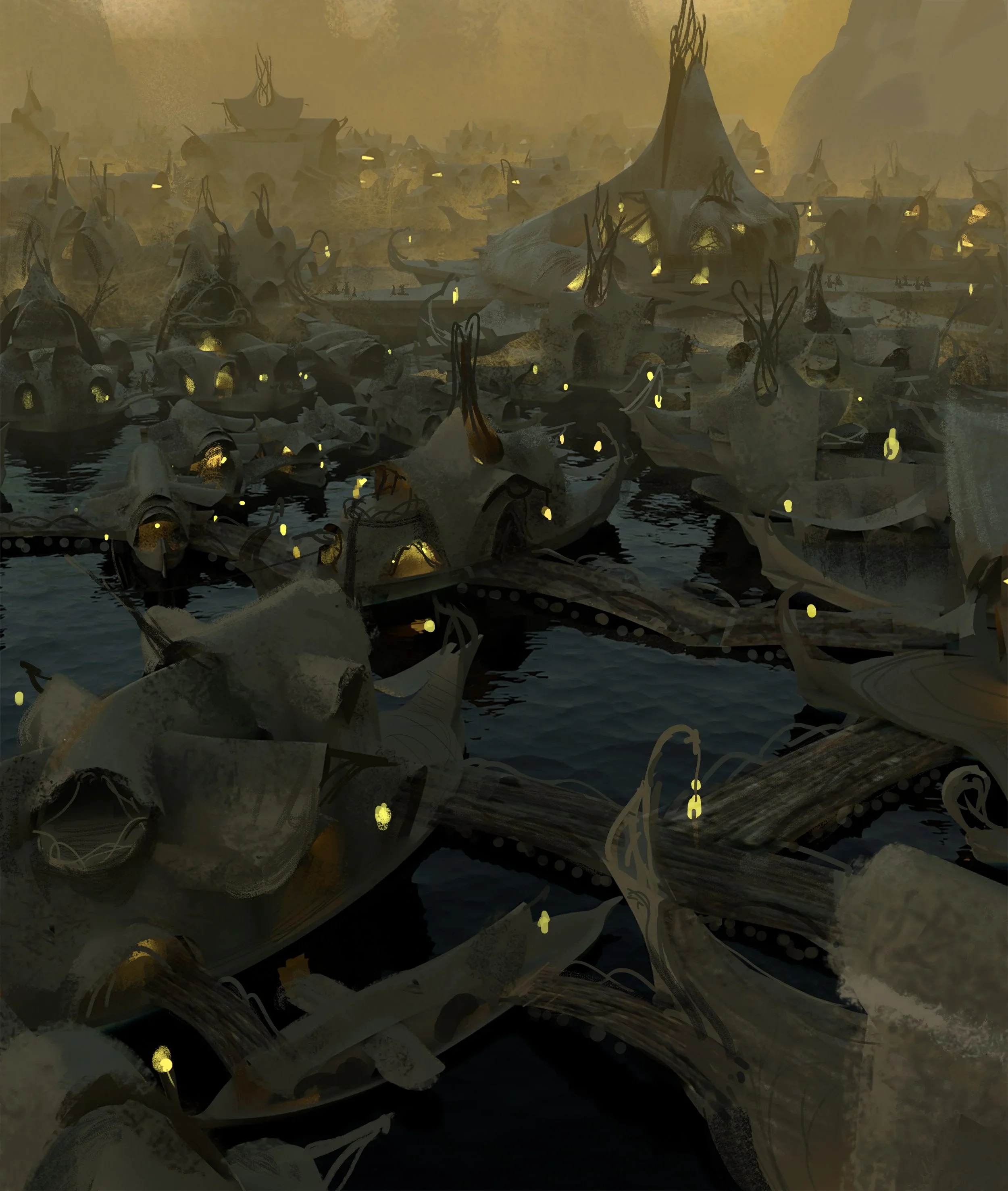 Futuristic cityscape with glowing yellow lights, organic shapes, and structures resembling boats or ships docked along water with a distant mountainous background in a dark, moody atmosphere.