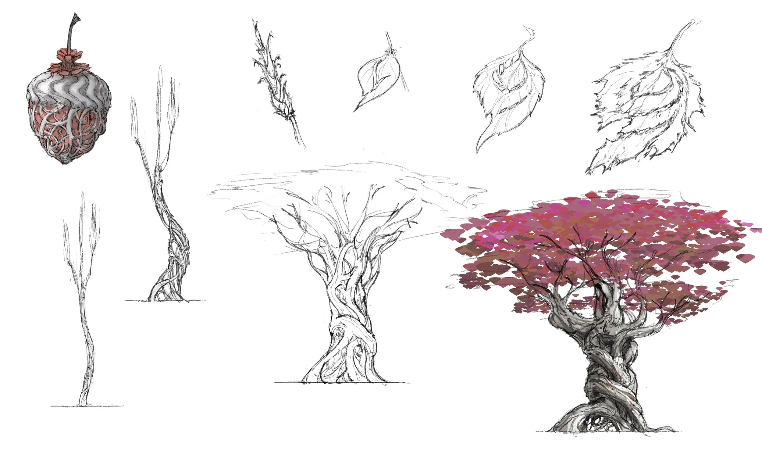 Various sketches of a tree's development from a simple trunk to a detailed tree with a canopy of autumn leaves, including multiple design stages and color to show progression.