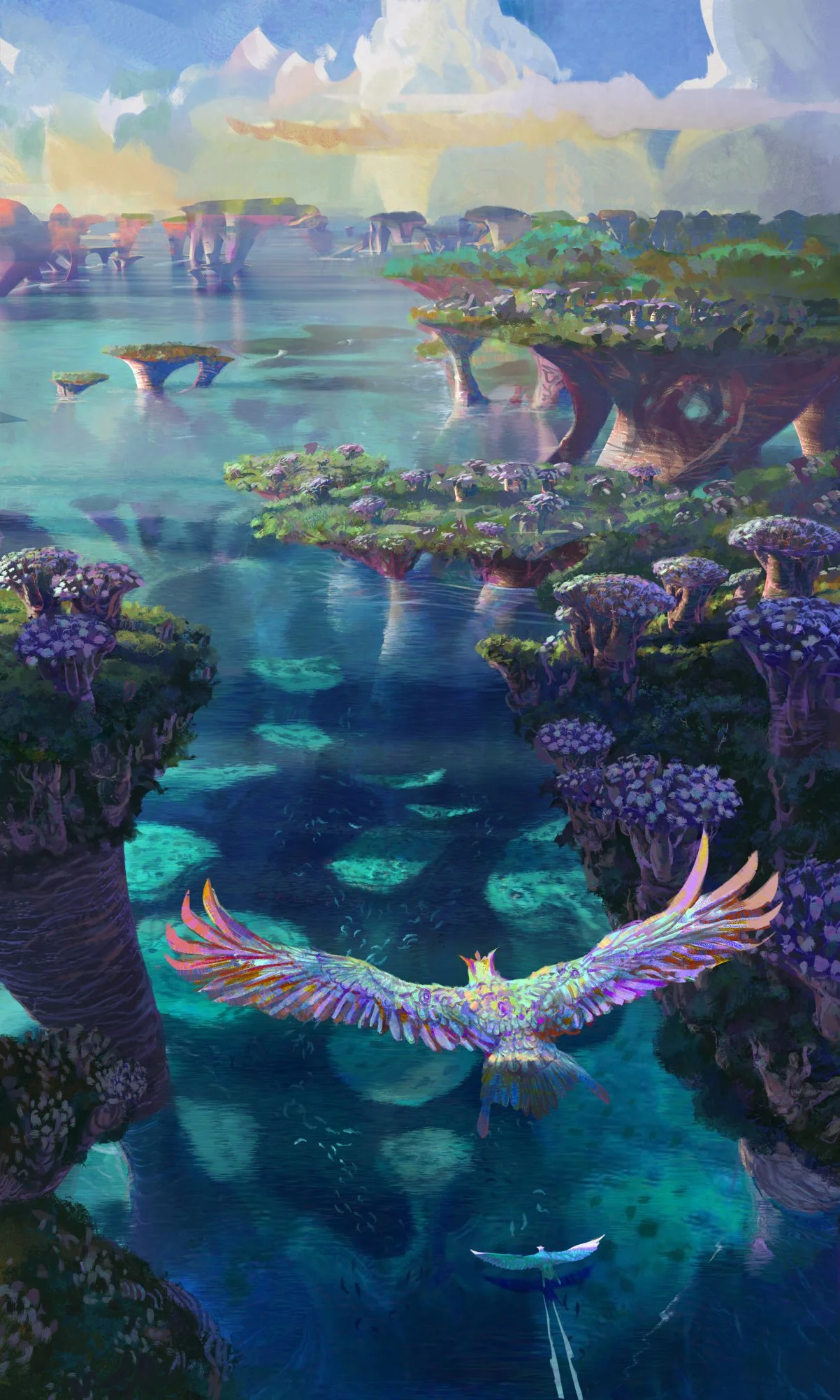 A fantasy landscape featuring floating islands with lush vegetation and purple trees, connected by waterfalls and bridges, with a large bird soaring through the sky over turquoise waters and smaller flying creatures in the sky.