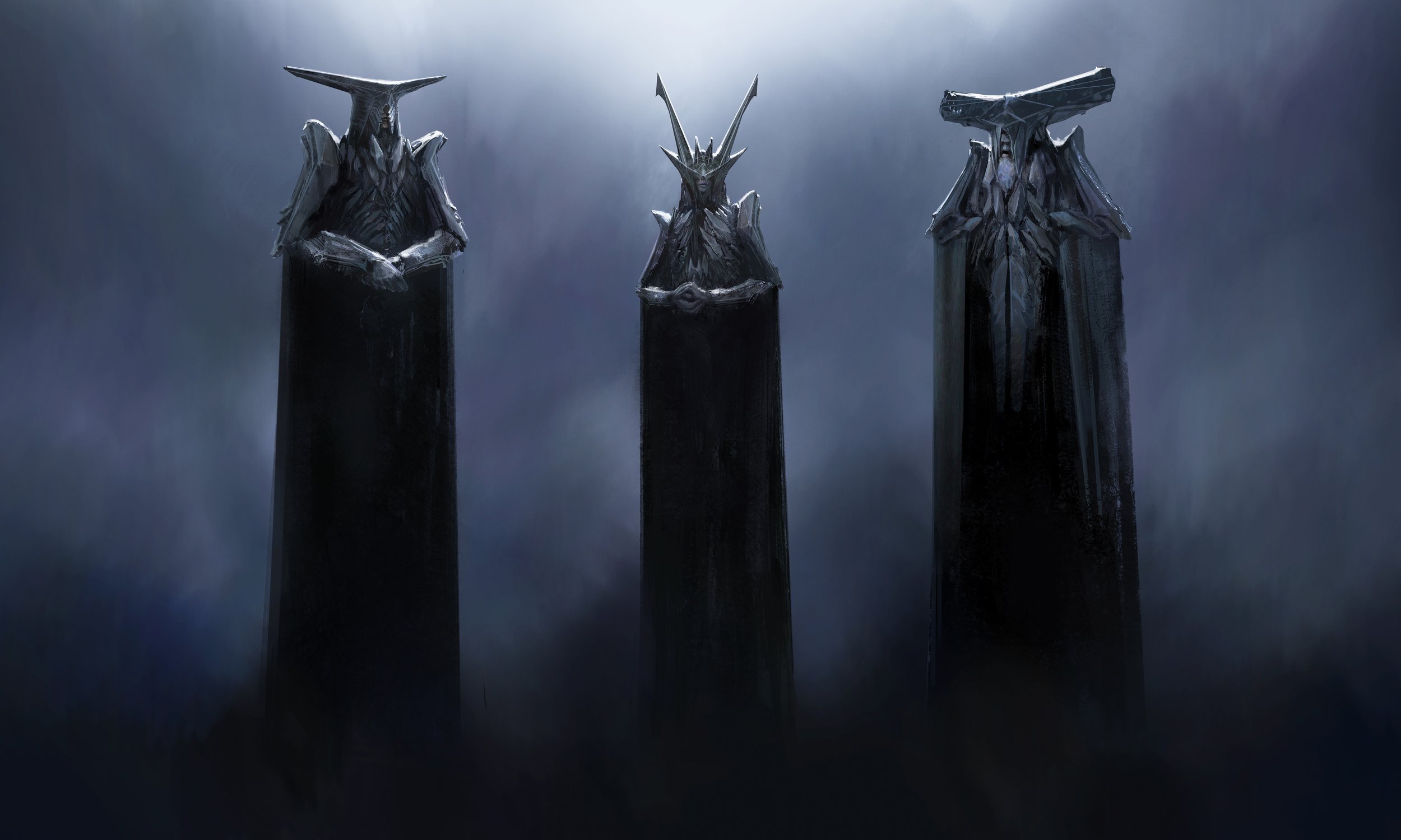 Three dark, towering, metallic statues resembling armored figures with elaborate headpieces, standing on pedestals against a foggy, blue-gray background.