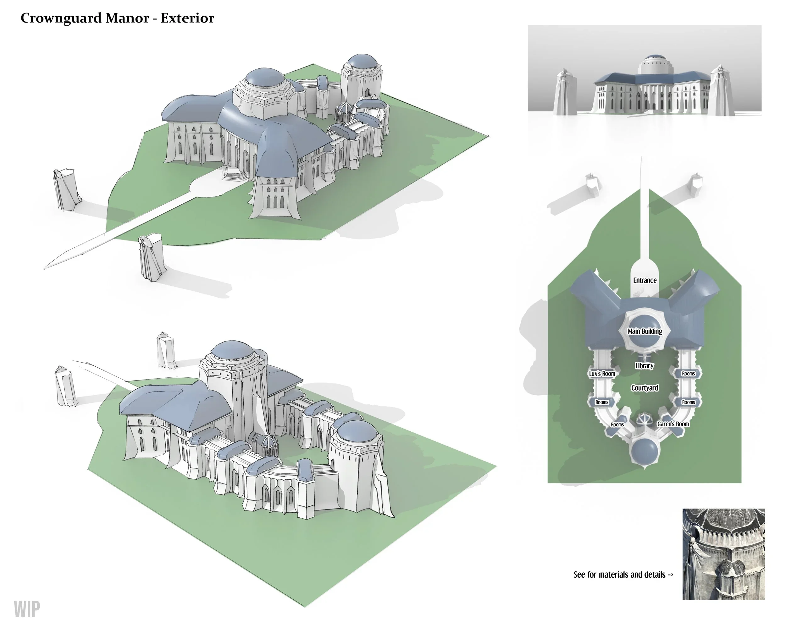 Exterior design diagrams of Crownguard Manor, showing three views: a perspective view, a top-down floor plan, and an elevation view, with labels for entrances, main building, library, courtyard, and rooms.