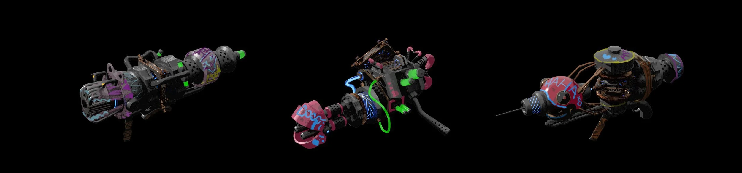 Three futuristic, colorful, gun-like devices with electronic and mechanical components against a black background.
