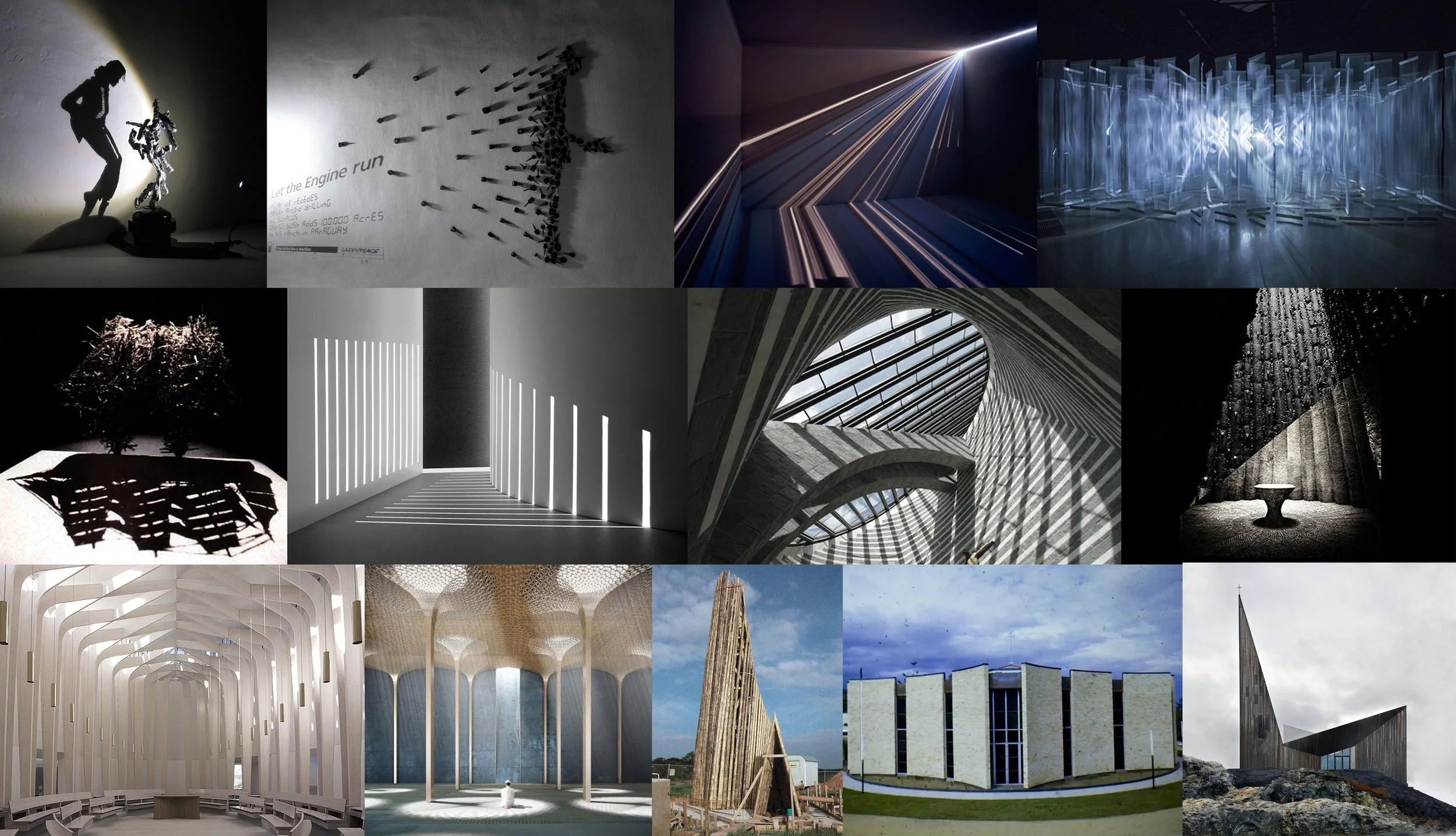 A collage of architectural and art installations featuring modern, abstract designs and structures.