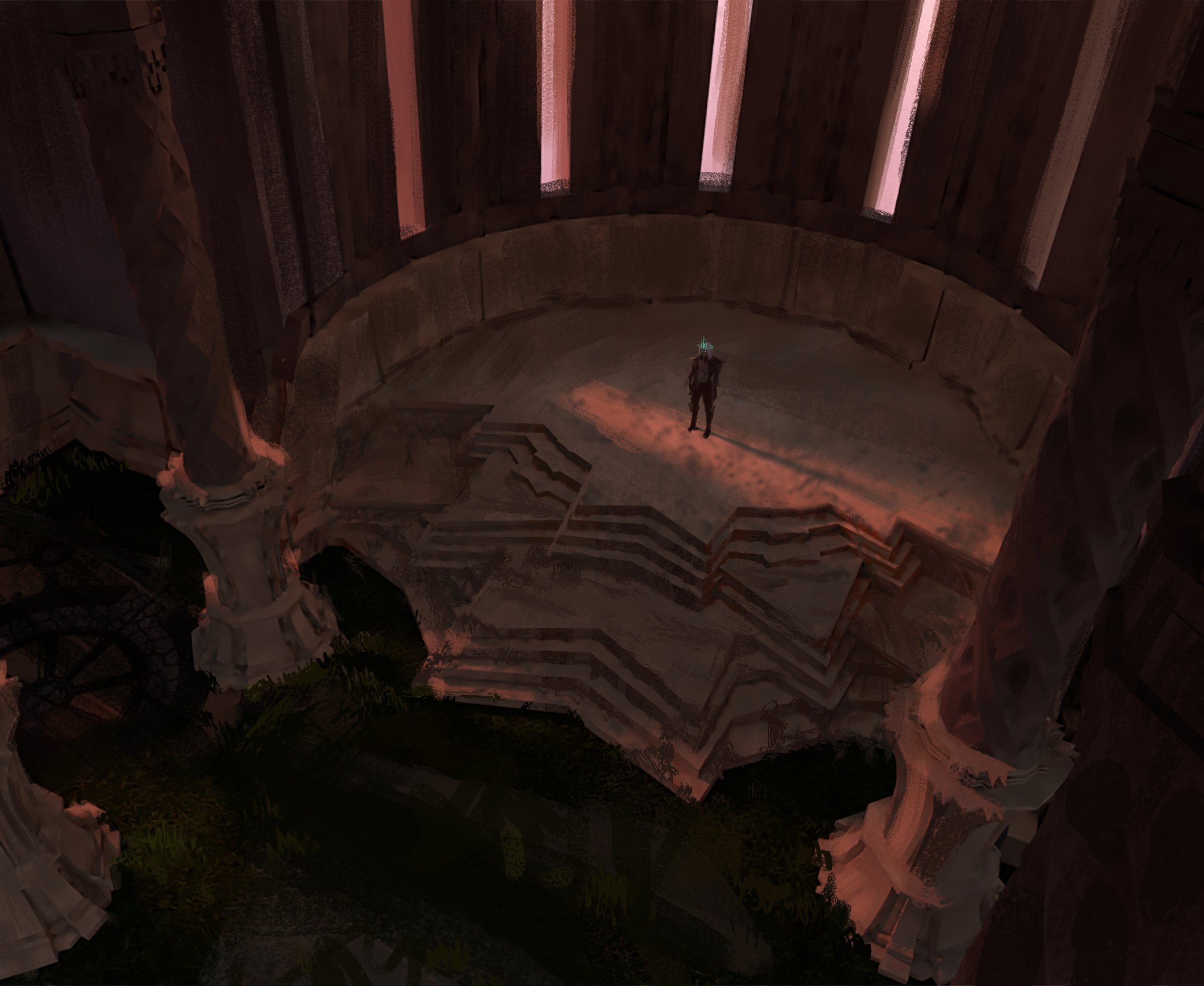 A person standing on a circular stone stage inside a large, ancient-looking structure with columns and stairs, illuminated by soft pink light.