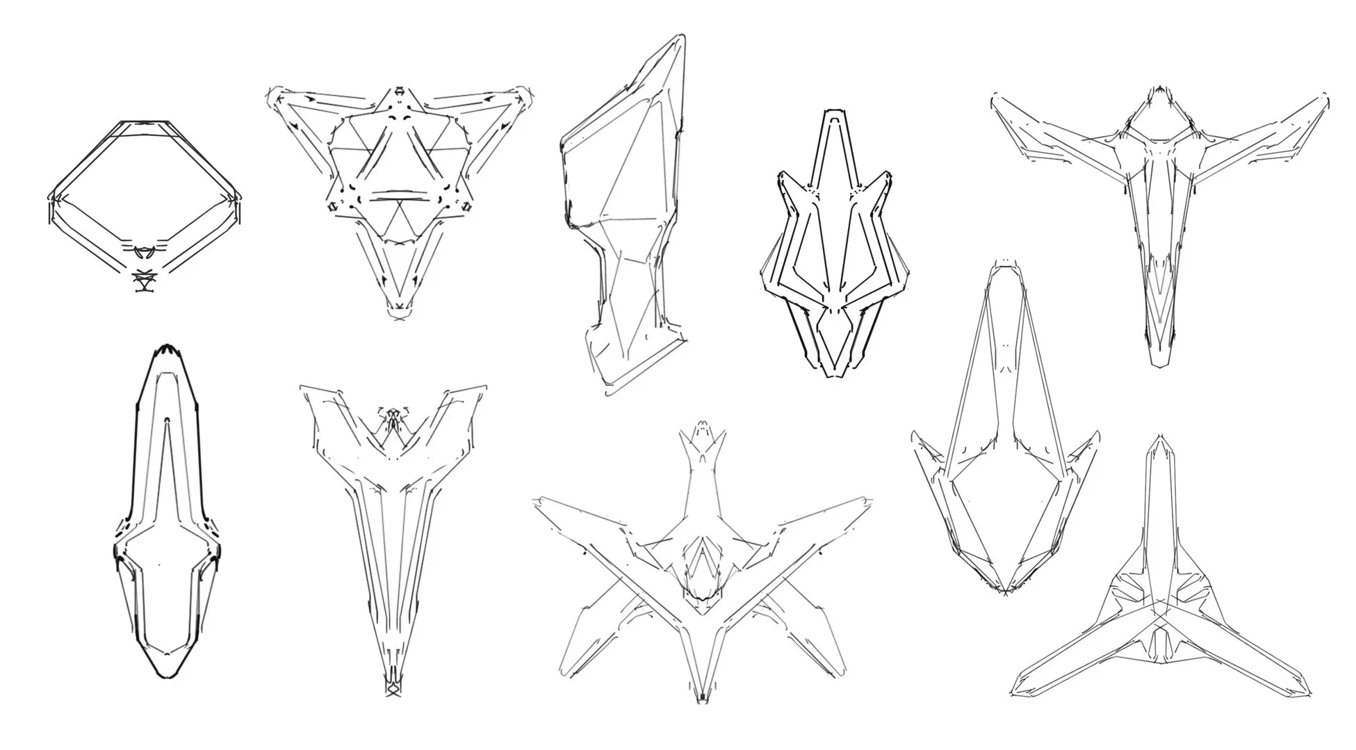 Line drawings of various spaceship or aircraft insignia designs with geometric and symmetrical patterns.
