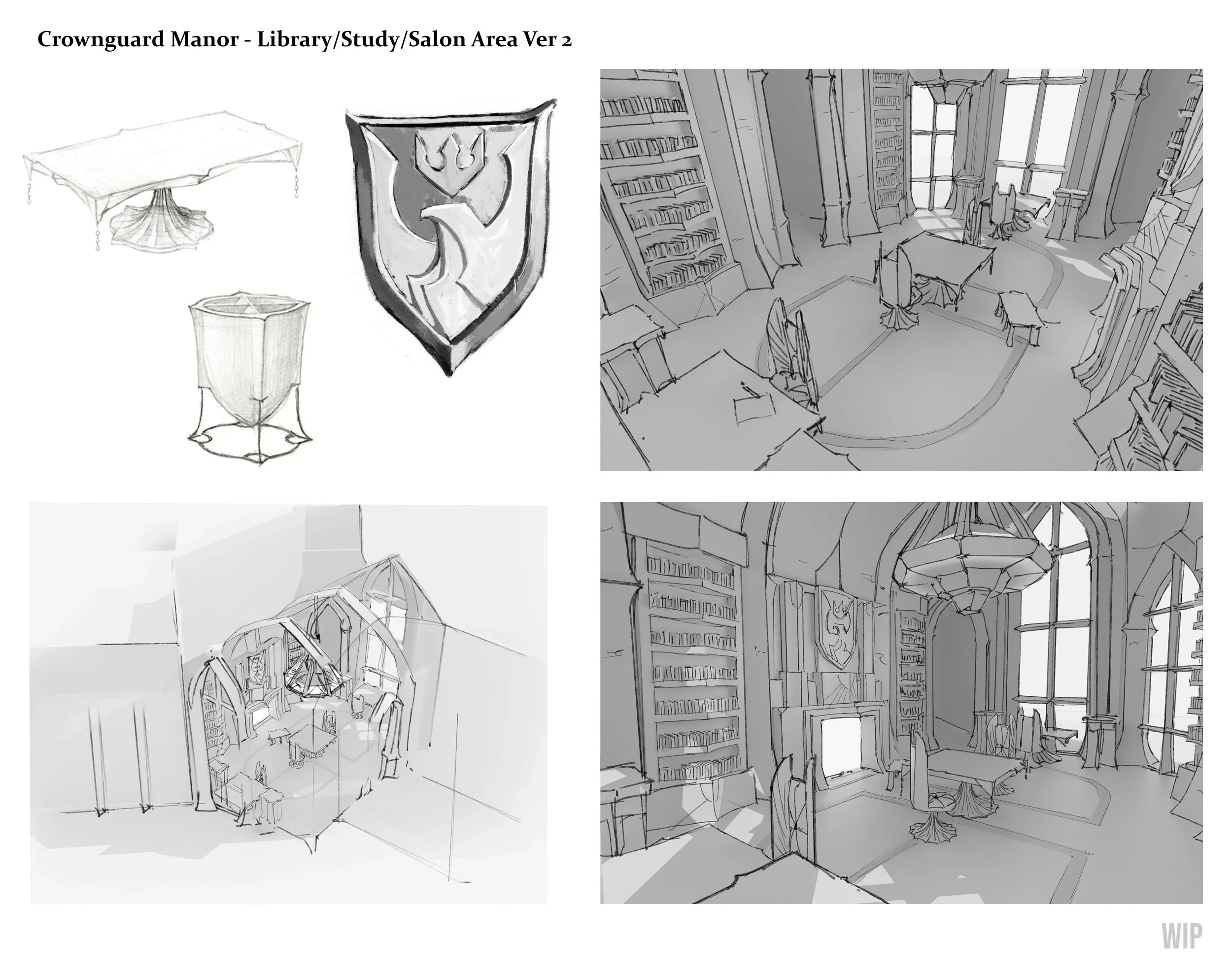 Concept sketches and digital renderings of a library or study room with tall bookshelves, large windows, and a high ceiling with a chandelier. The room features a central desk with chairs and a decorative emblem or shield on the wall.