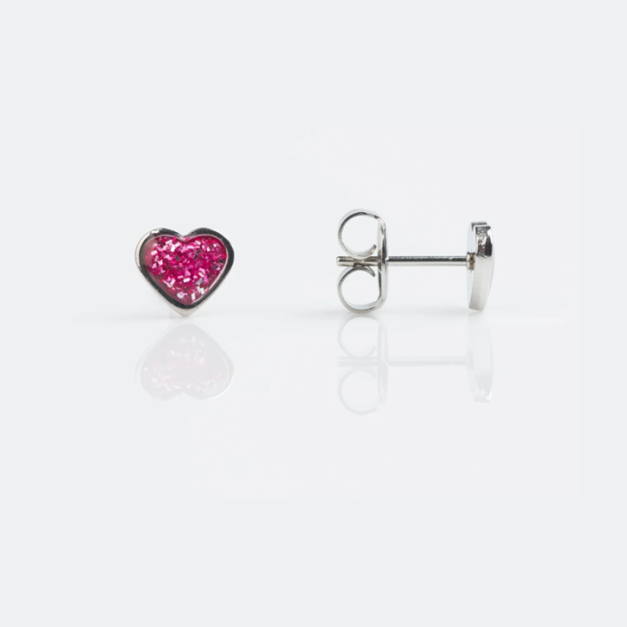 Silver heart-shaped earring with pink glitter, front and back views on a white background.