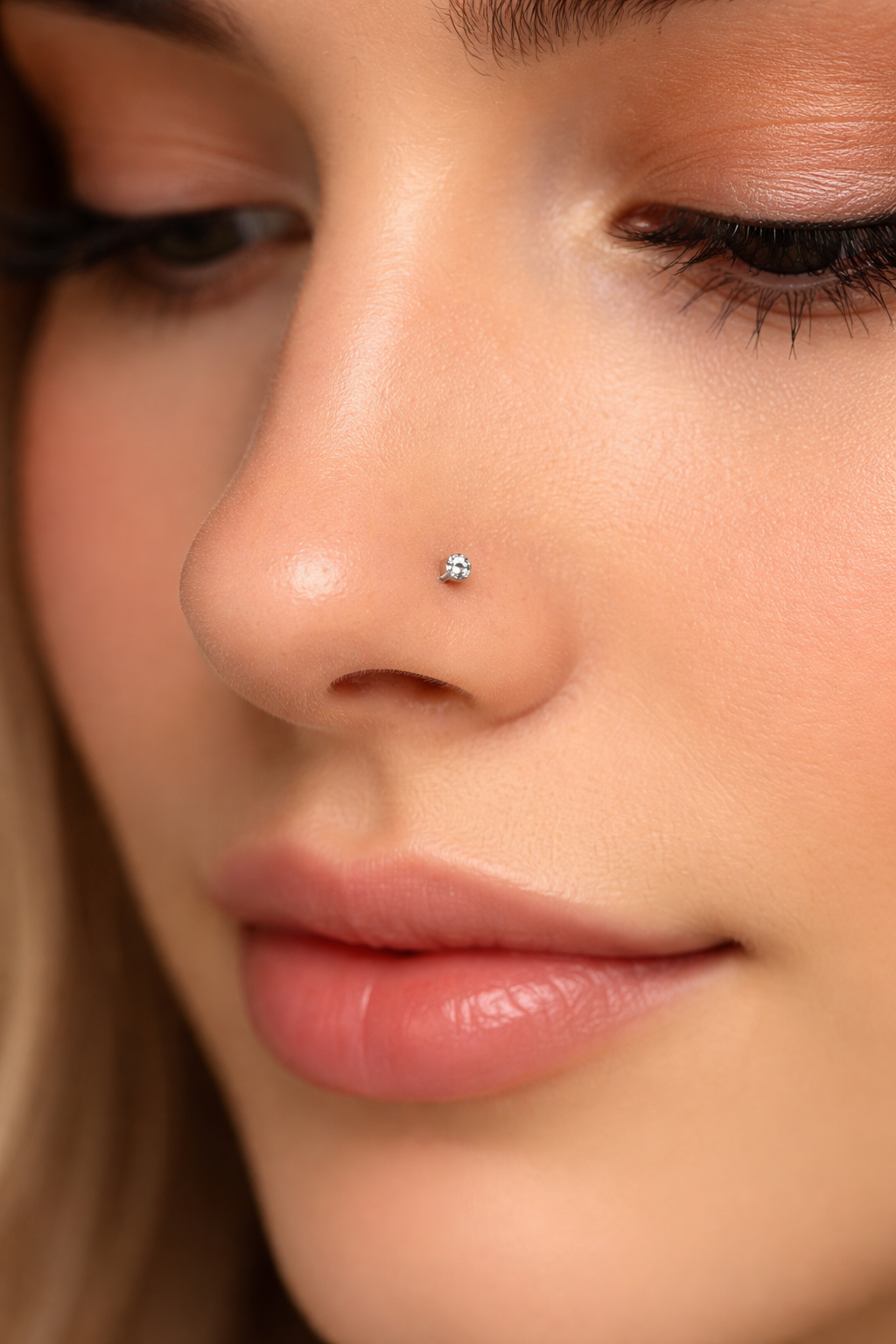 Close-up of a woman's face focusing on the nose with a small nose piercing and closed eyes with makeup.
