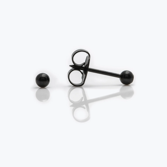 A black steel barbell with two round weights, one on each end, is shown on a white surface. The barbell is placed vertically, with one weight on the surface and the other resting on its side.