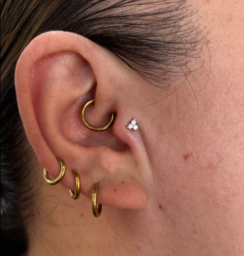 Close-up of a person's ear with multiple gold hoop earrings and a small diamond stud earring.
