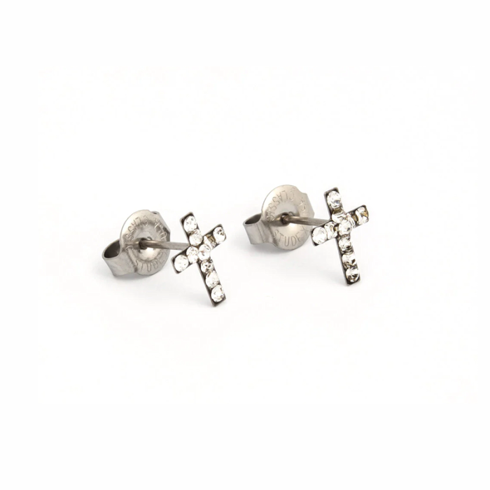 A pair of silver earrings with cross-shaped charms encrusted with small diamonds, displayed on a white background.