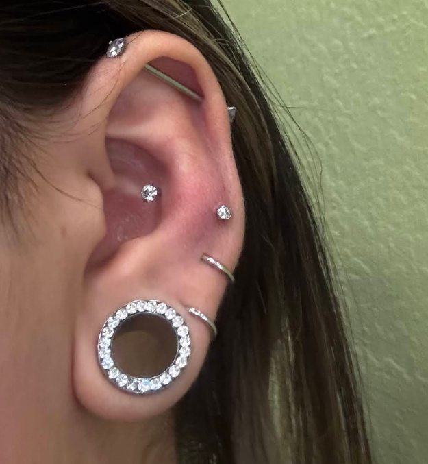Close-up of a person's ear with multiple piercings, including a large circular earring with rhinestones and several smaller earrings with rhinestones.