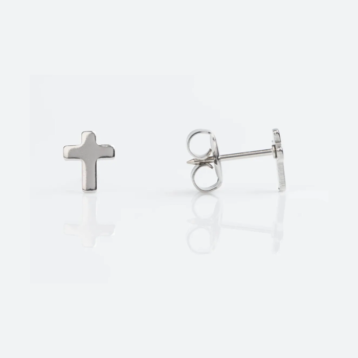 Silver cross earrings on a white background