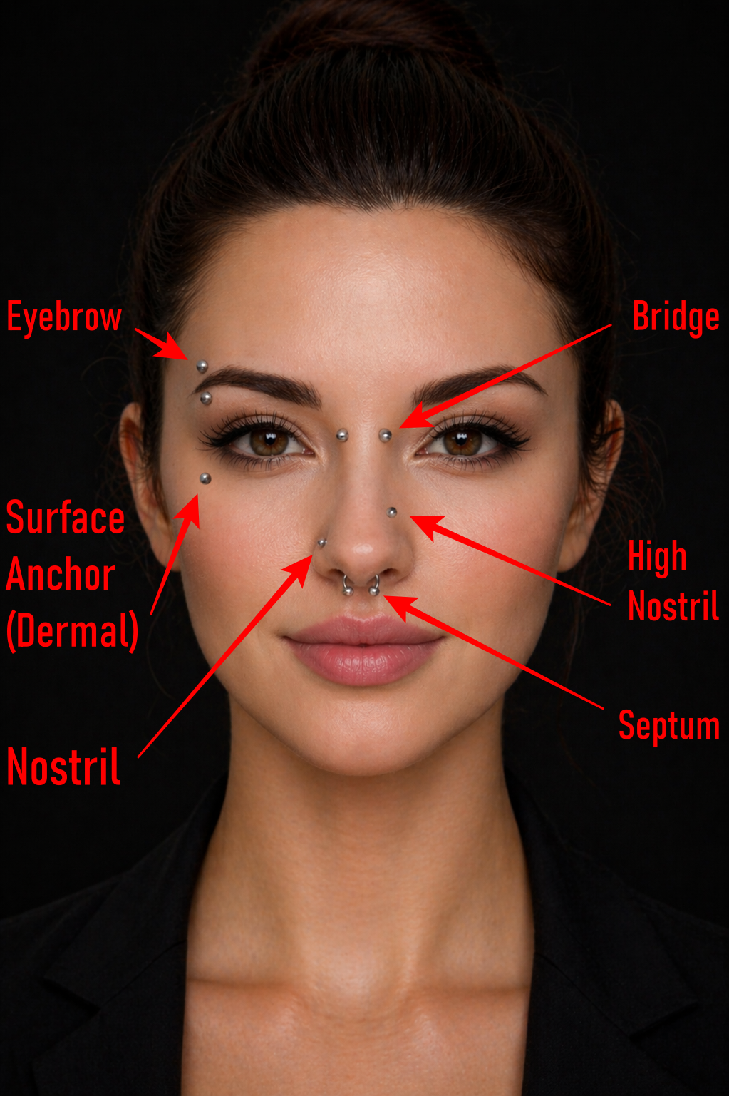 A portrait of a woman with multiple facial piercings, including eyebrows, septum, nostrils, and surface anchors. The face has brown eyes with makeup, and her hair is tied back. Red labels indicate facial features and piercings, including eyebrows, bridge, high nostril, septum, and nostril, with arrows pointing to their locations.
