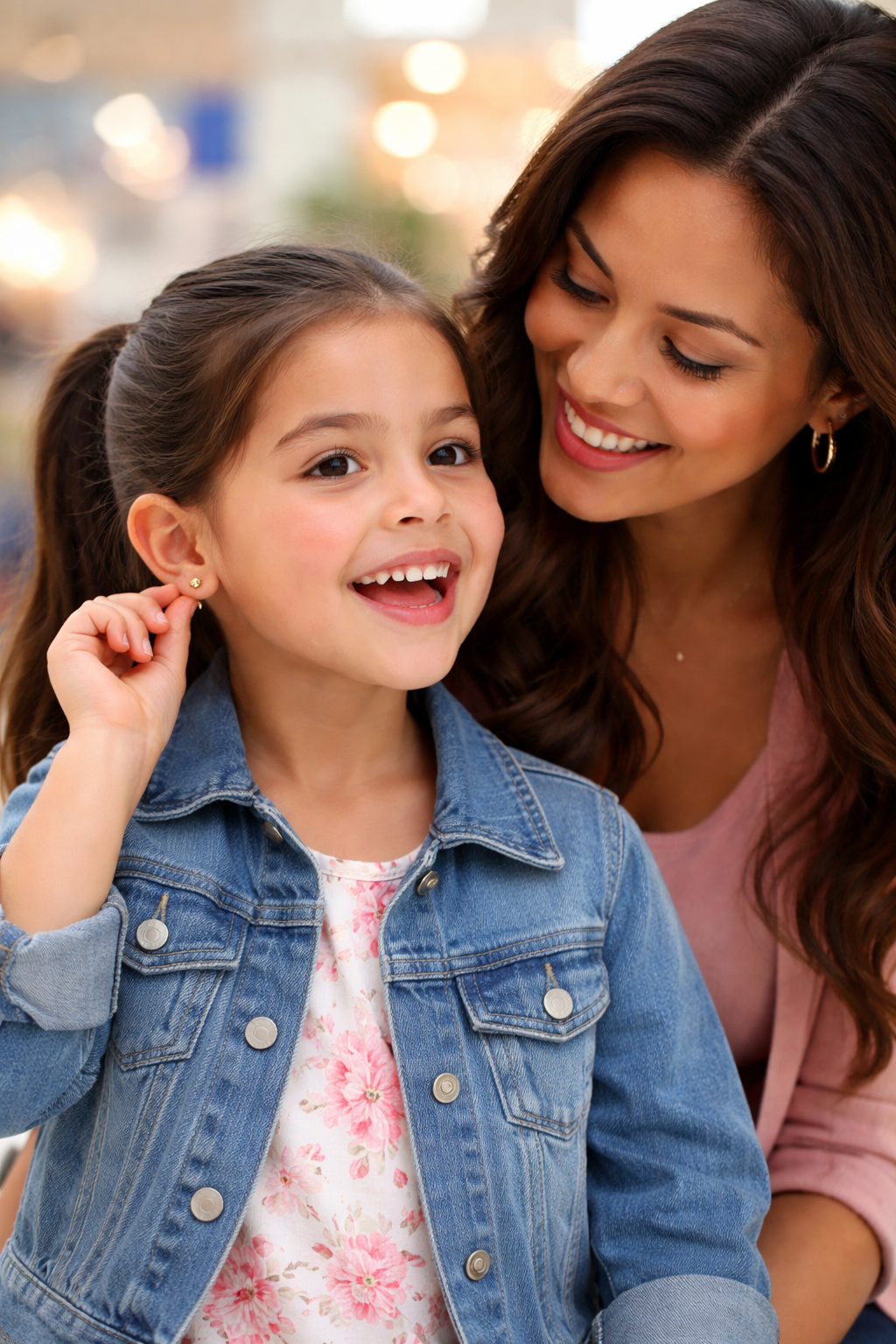 A woman and a young girl smiling happily, with the woman looking at the girl while she shows off her earrings.