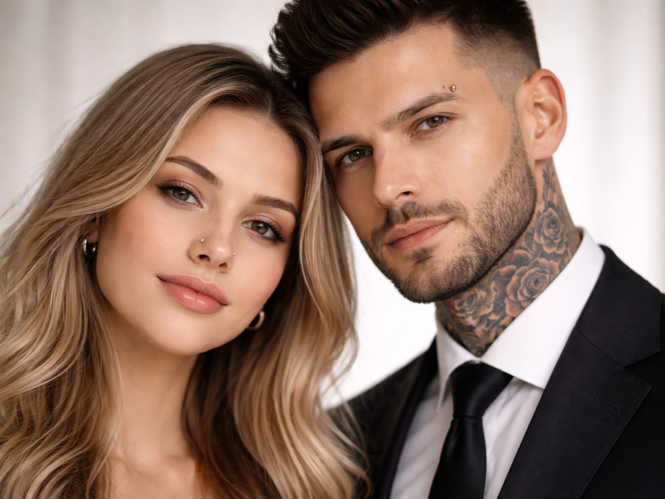 Close-up of a young couple with the woman on the left and the man on the right, both with neutral expressions. The woman has long, wavy blonde hair and is wearing jewelry, and the man has short dark hair, a beard, tattoos on his neck, and is dressed in a black suit with a white shirt and black tie.