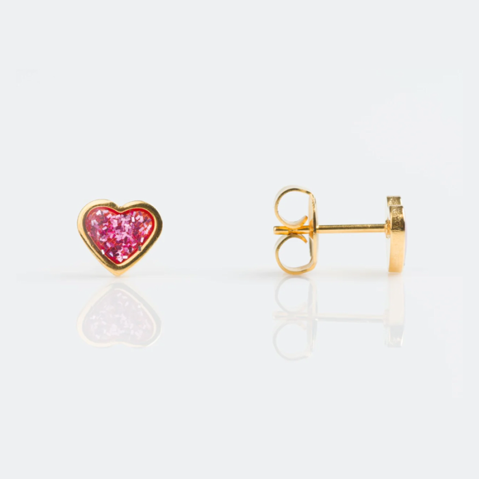 Gold heart-shaped earring with pink stones, shown from front and side views on a white reflective surface.