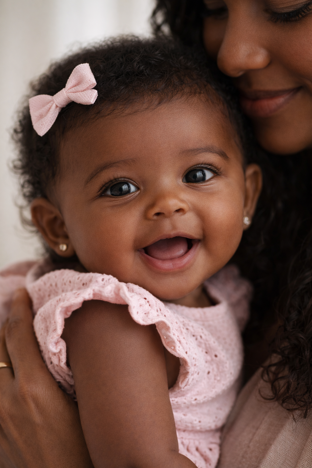 Close-up of a smiling young girl with curly hair and a pink bow, being embraced by a woman with dark curly hair, possibly her mother.