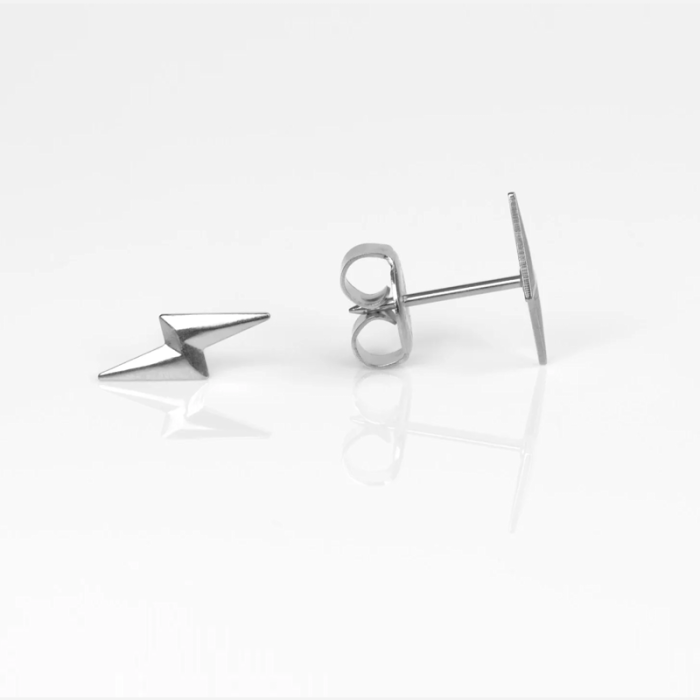 Close-up of a silver star-shaped stud earring and a matching star-shaped earring back on a white background.