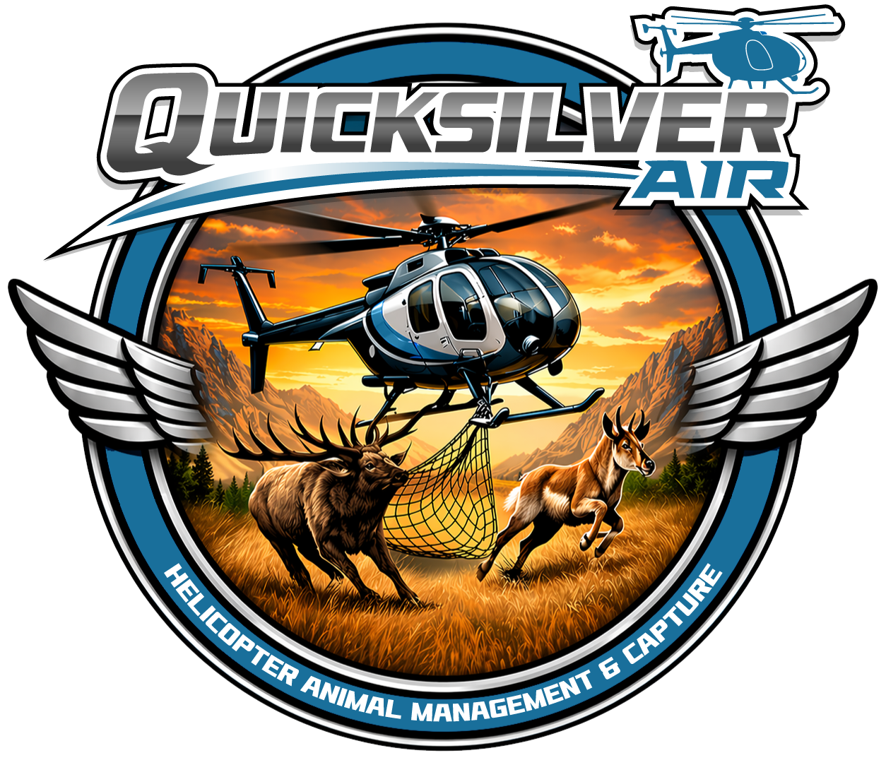 Logo for Quicksilver Air featuring a helicopter flying over mountains at sunset, carrying a net with a moose and a deer, with wings on either side and a blue and gray color theme, surrounded by the text 'Helicopter Animal Management & Capture'.