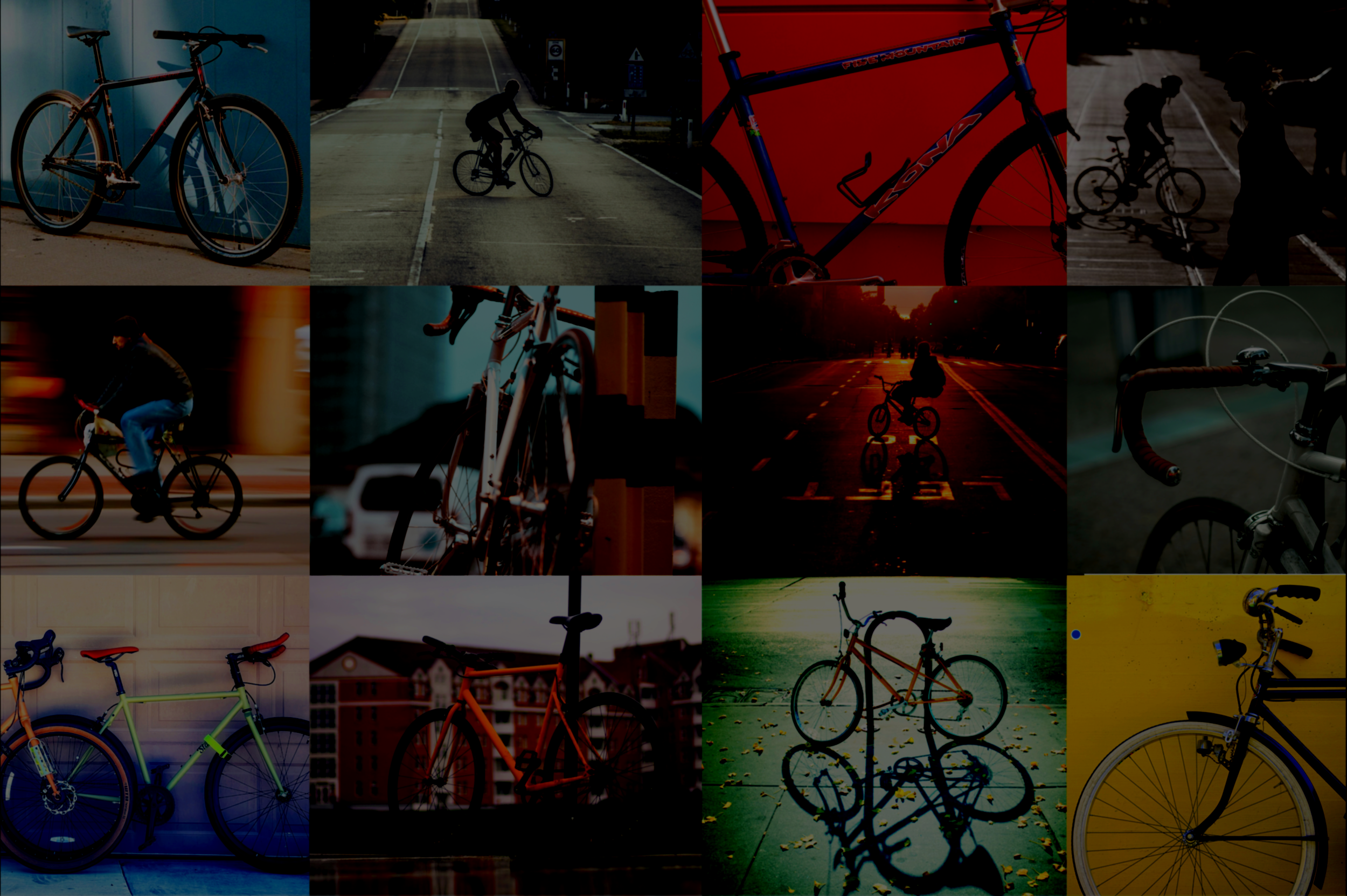 Collage of various bicycles and people riding bikes outdoors at different times of day, including sunrises, sunsets, and nighttime scenes.