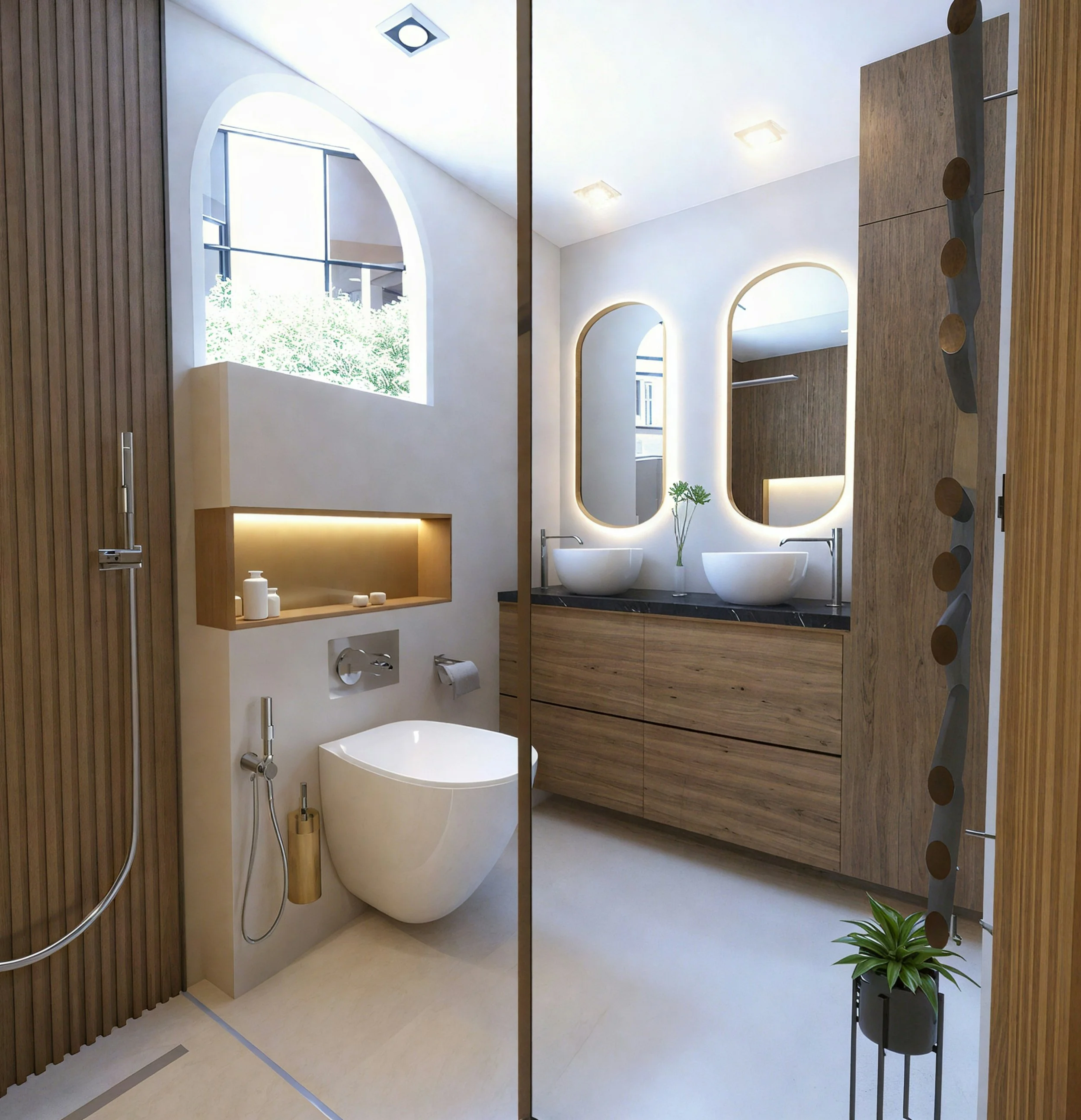 Modern bathroom with dual vessel sinks, illuminated mirrors, wooden cabinetry, and a wall-mounted toilet with a bidet spray in a bright space with large windows and decorative interior elements.