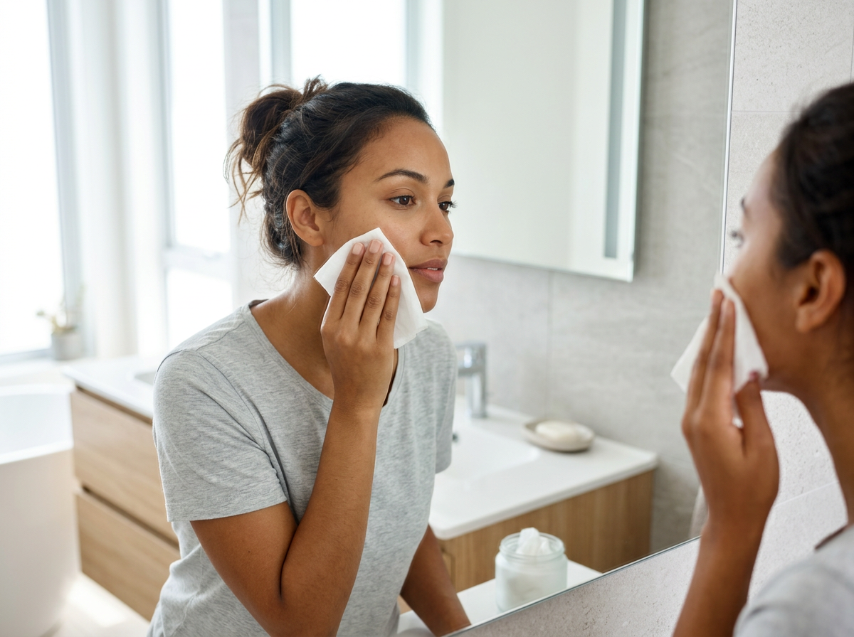 woman cleaning her face with a facial cleansing wipe.
