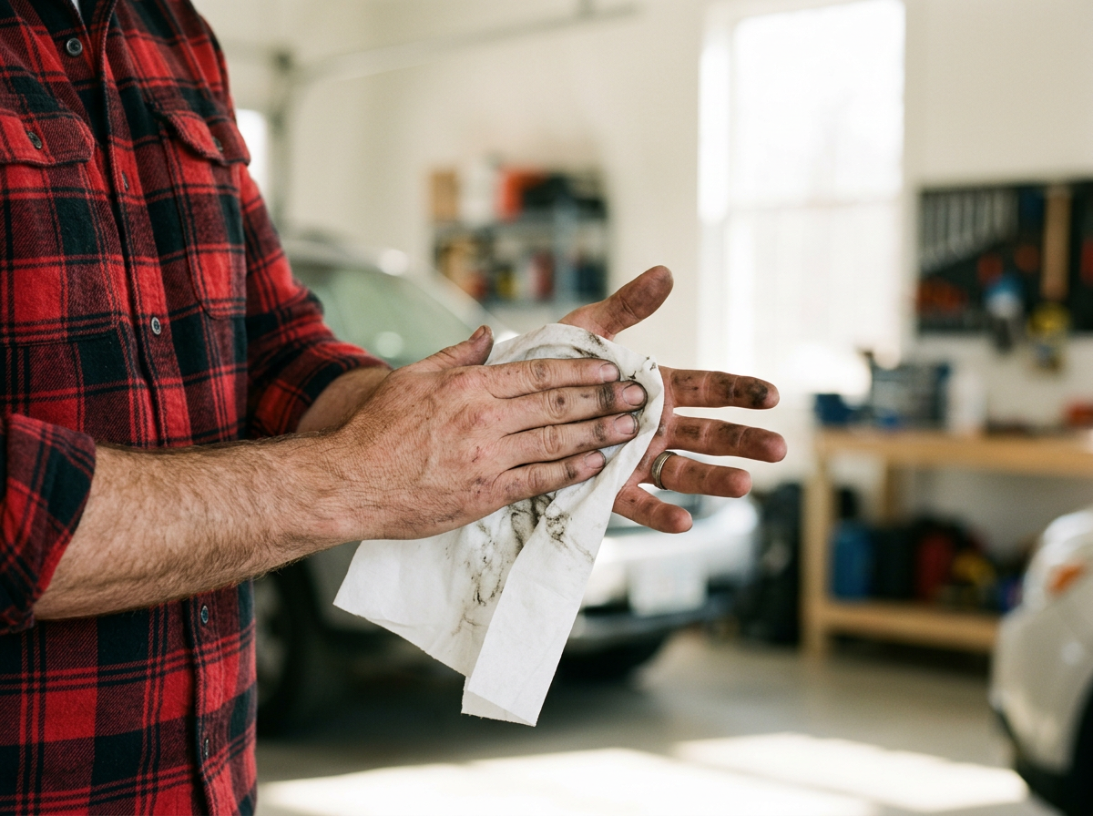 man in flannel cleaning his hands with a wet wipe