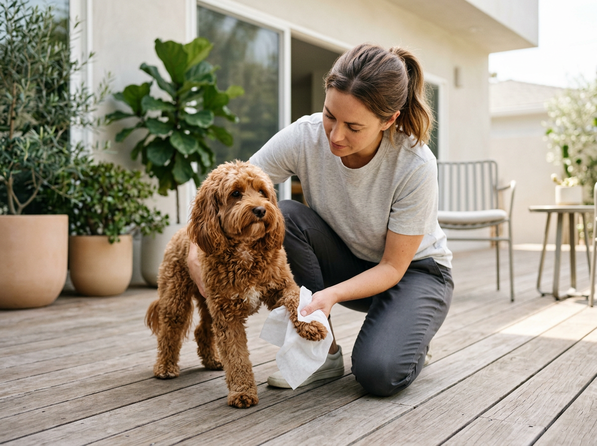 woman cleaning her dogs paw with a wet wipe