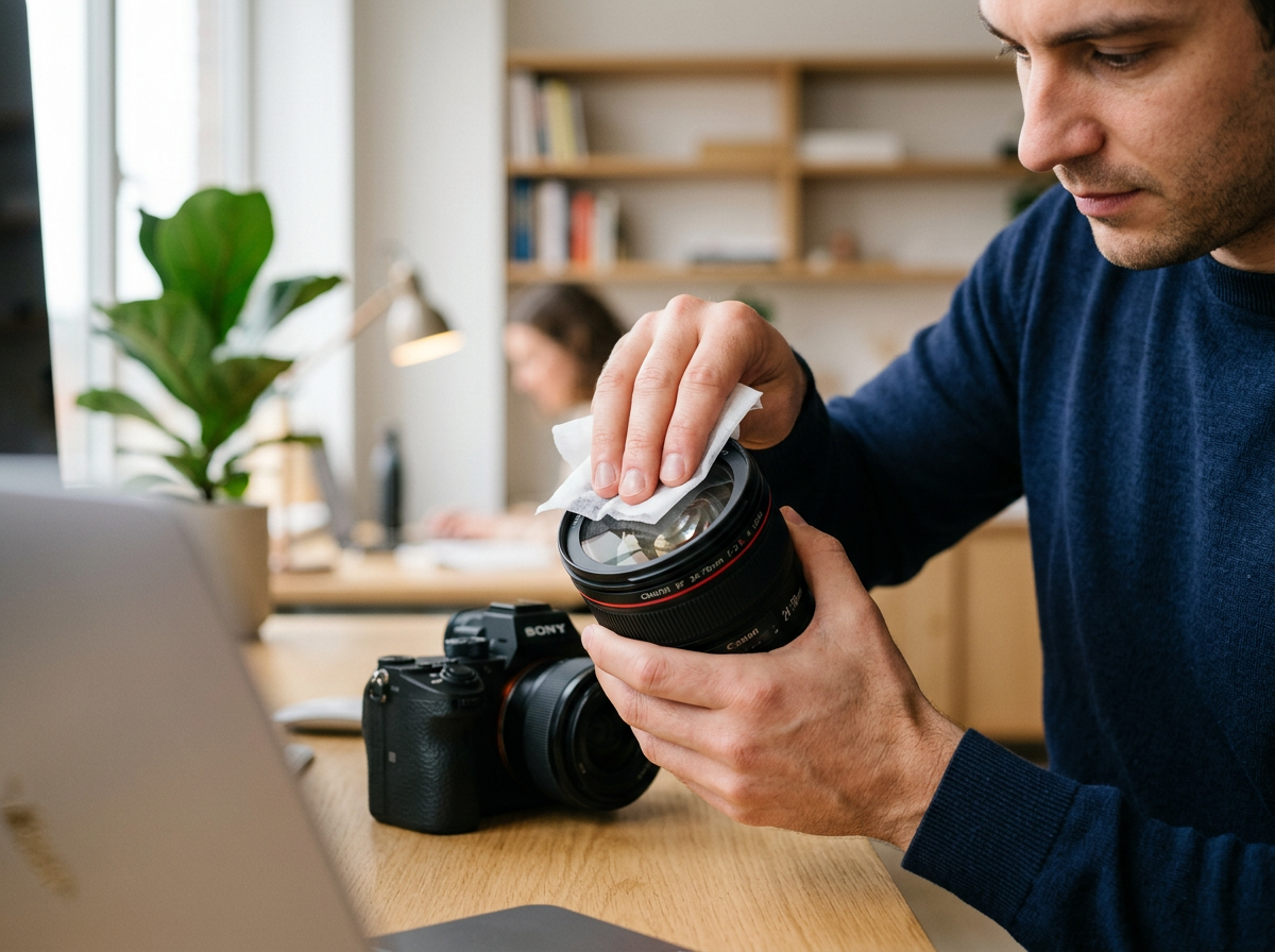 man cleaning a camera lens with a wet wipe