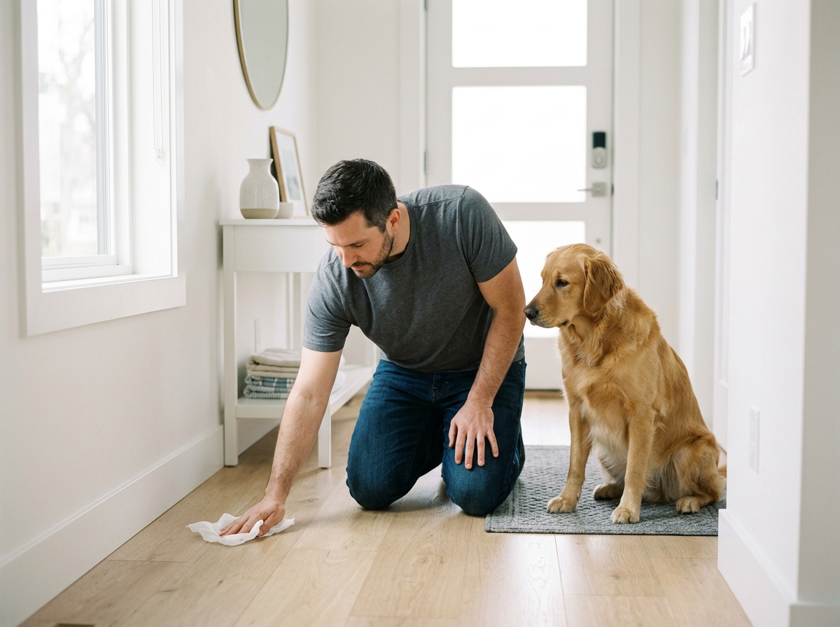 man cleaning the entryway floor with a wipe while his dog watches