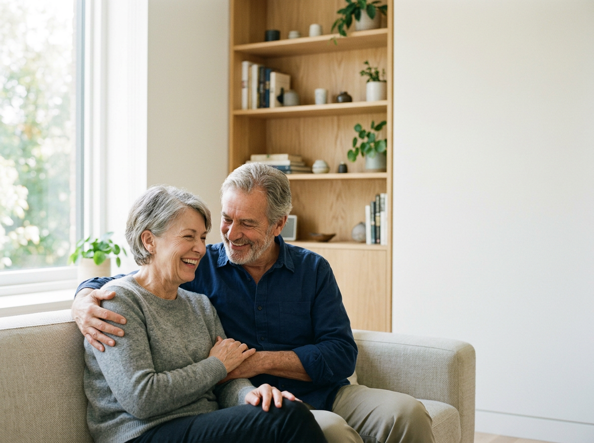 older couple hugging on couch