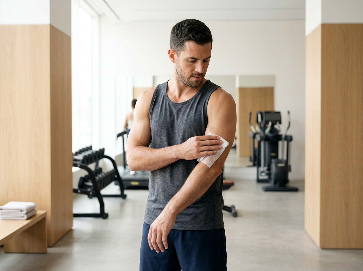 man at gym cleaning his arm with a body wipe