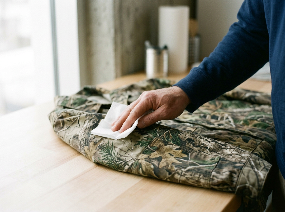 man cleaning camo jacket with scent-control wipes